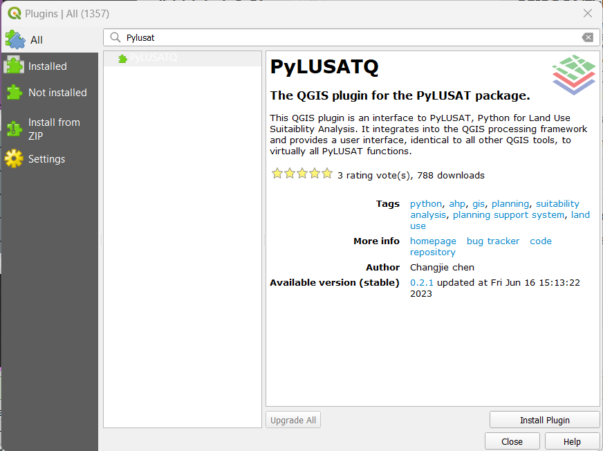 QGIS plugin window with PyLUSATQ as search result